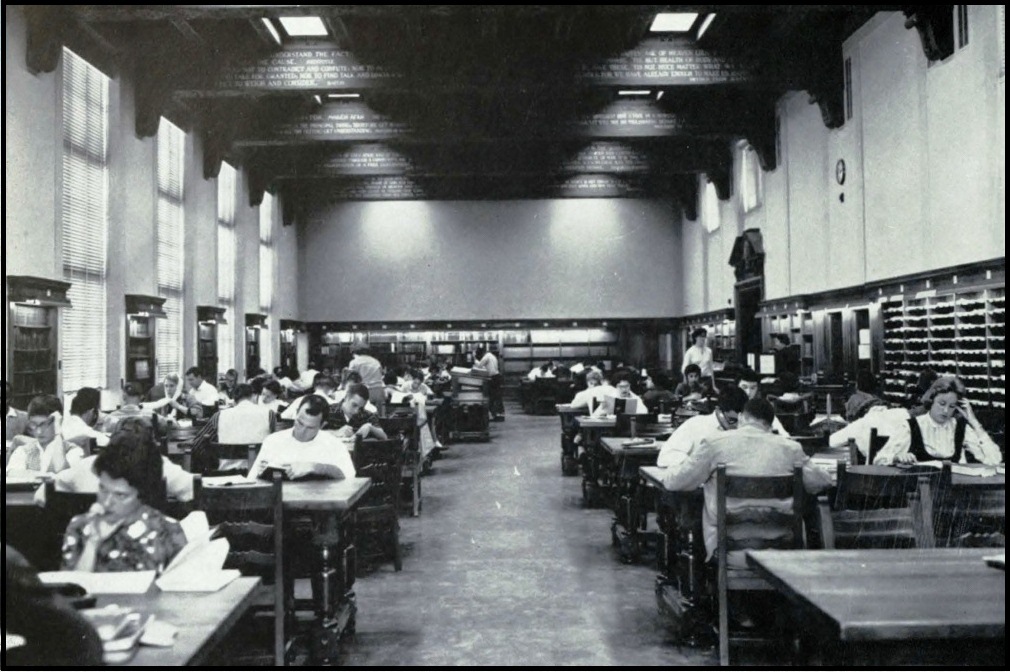 Black and white photo of the The fluorescent era of the library.
