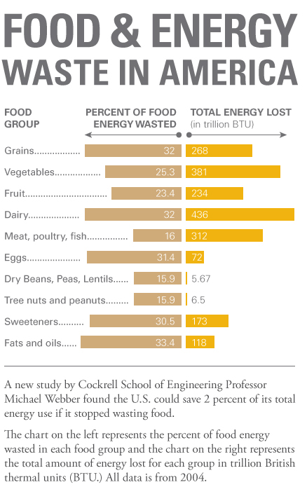 Food waste and energy in America by food group, percent of food energy wasted and total energy lost