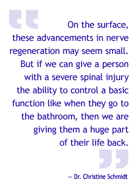 On the surface, these advancements in nerve regeneration may seem small. But if we can give a person with a severe spinal injury the ability to control a basic function like when they go to the bathroom, then we are giving them a huge part of their life back. Dr. Christine Schmidt