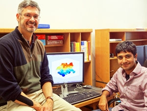 Dr. Roger T. Bonnecaze, left, and postdoctoral student Parag Katira.