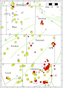 Map of earthquakes and injection wells in Barnett Shale of North Texas