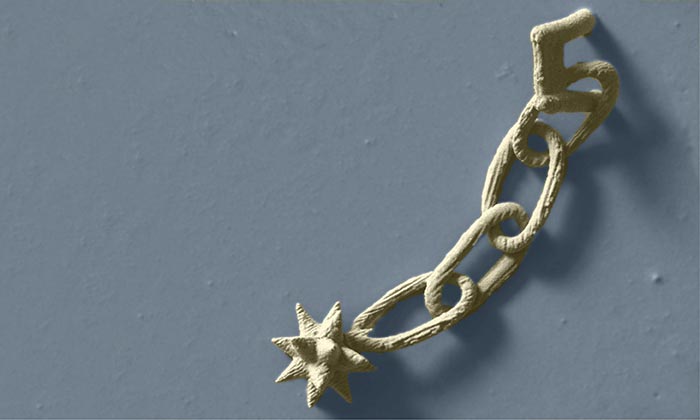 a microscopic 3-D object fabricated from the protein albumin; looks like a star on a chain