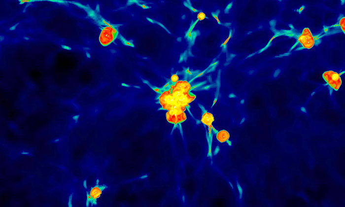 Rendering of the state of the universe 200 million years after the Big Bang, with orange/red bubbles of hot gas and great streaks of cold cosmic gas