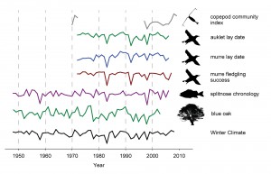 Comparison of biological productivity to tree rings and coastal upwelling in recent decades