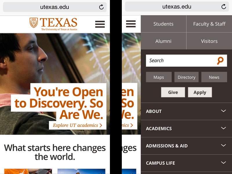 UT website on mobile
