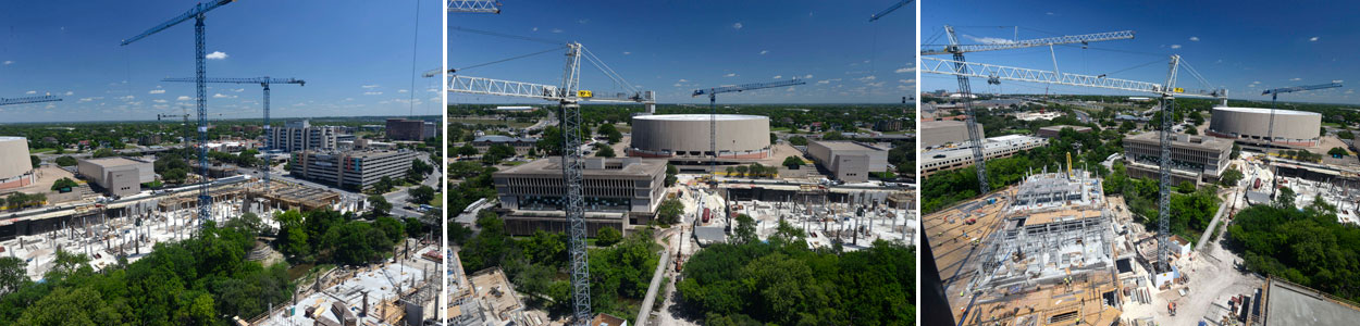 three-image collage of cranes over Dell Medical School construction site