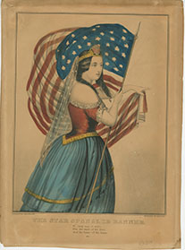 A circa 1870 lithograph showing Lady Liberty an the Star Spangled Banner