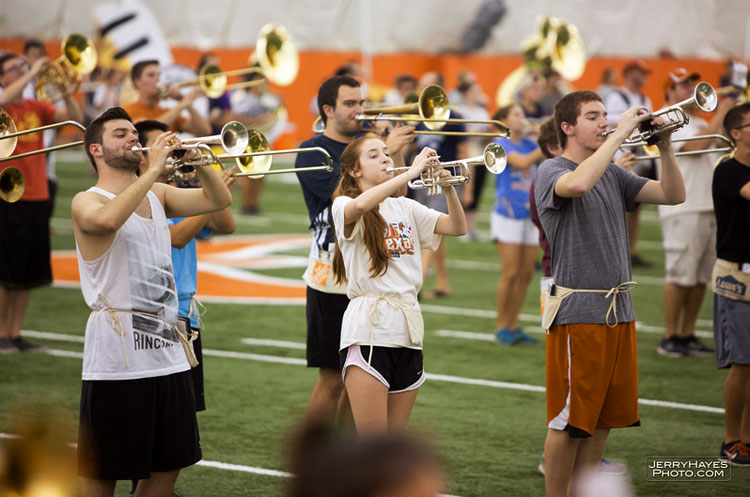 The Longhorn Band rehearses in "The Bubble." The undergraduate members have a lot of influence over the music being played an