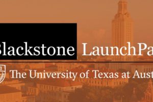 Logo for the Blackstone LaunchPad that is superimposed on a background of the university campus