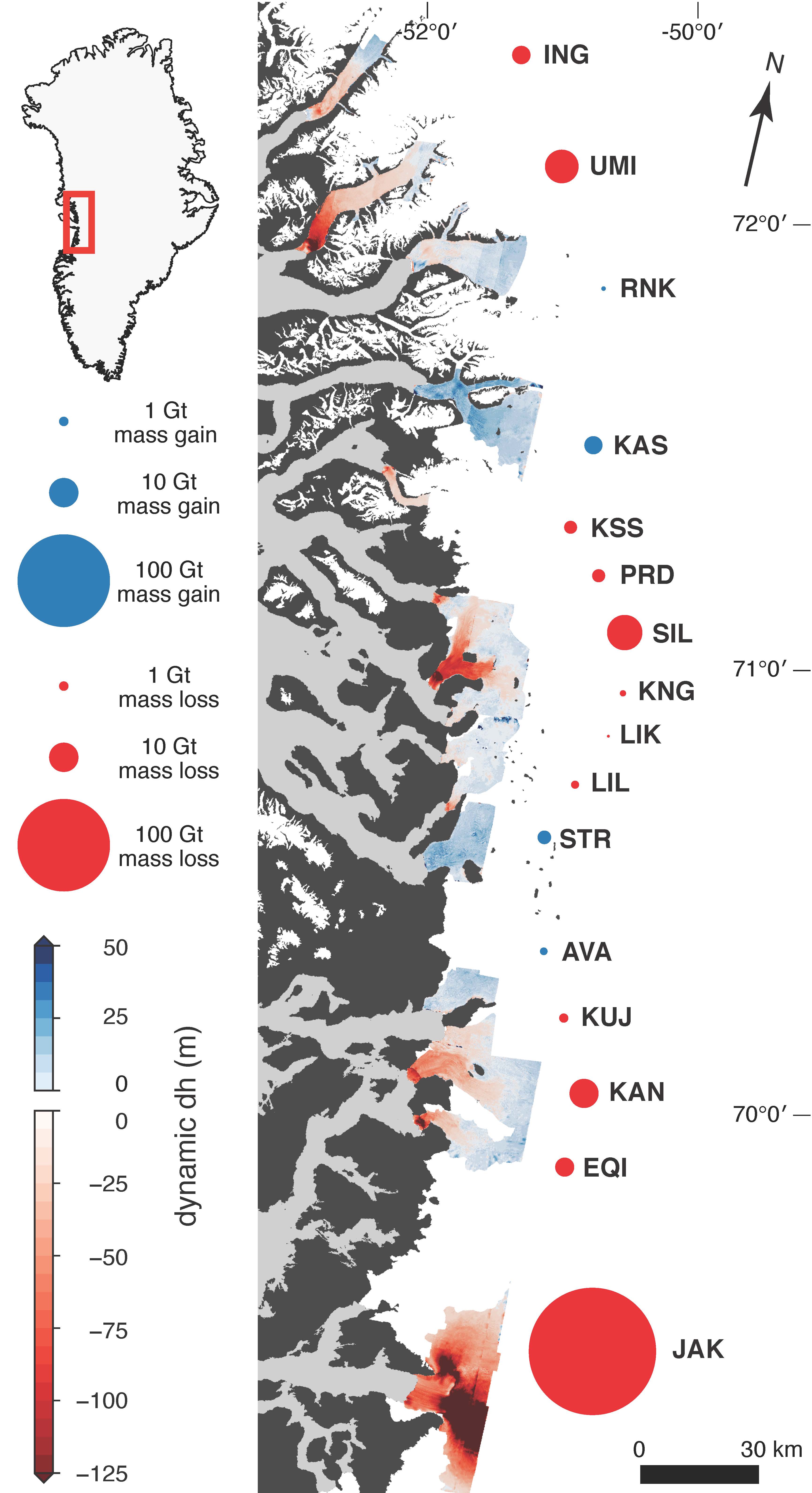 Glacier surface elevation change and mass loss graphic