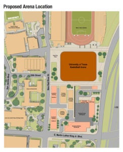 UT Basketball Arena placement via map drawing.