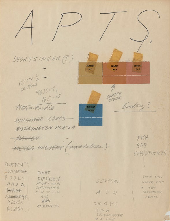 Ed Ruscha, Preliminary notes, Some Los Angeles Apartments, 1965. Ink and pencil on paper with color chips, 27.9 x 21.5 cm. 