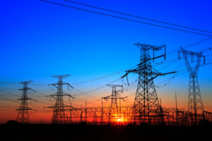 Powerlines in the dusk sky
