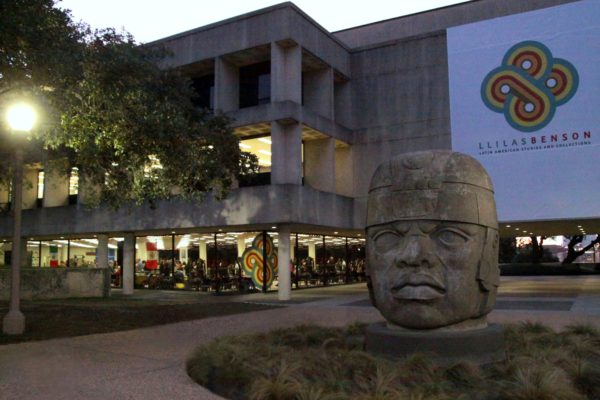 Olmec head dusk in front of the Latin American Studies exhibit.