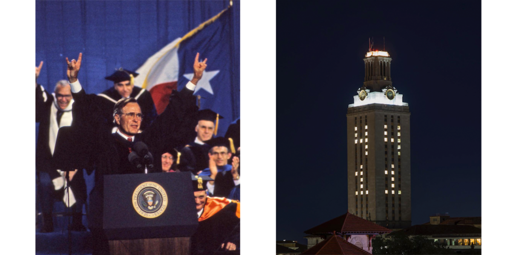 President George H.W. Bush delivered the 1990 Commencement address, and the university community celebrated his life and legacy by darkening the Tower.