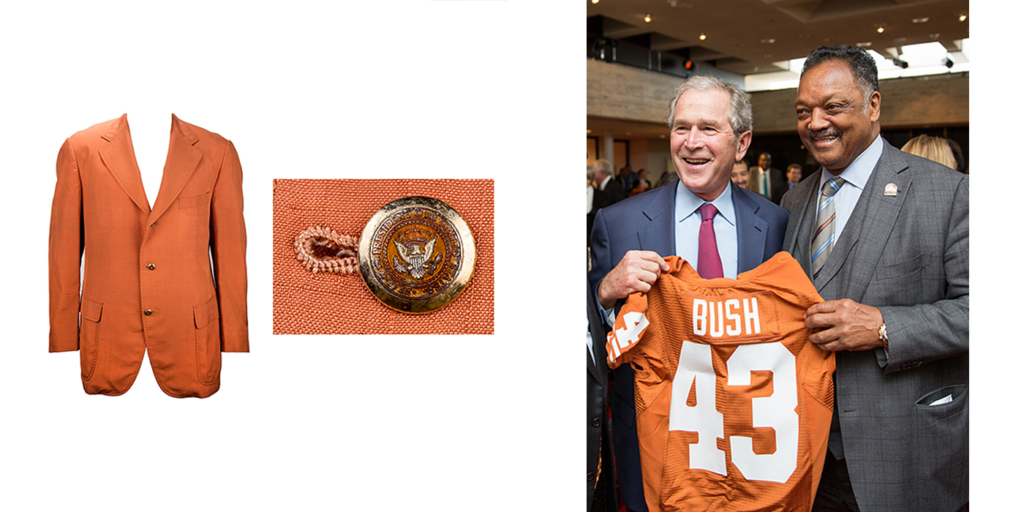 President Johnson once wore this burnt orange jacket to a Texas Football game, and President Bush has a personalized Texas Football jersey.