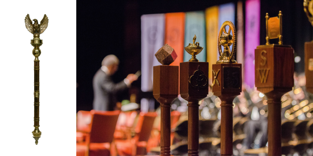 Academic leaders carry maces during ceremonial events like Commencement. President Johnson used this mace in 1964 when he delivered the Commencement address at UT.