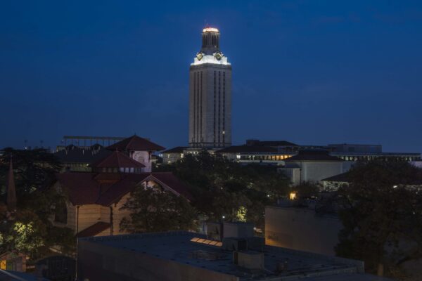 Tower darkened for former UT Austin President Bill Powers.