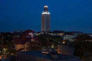 Tower darkened for former UT Austin President Bill Powers.