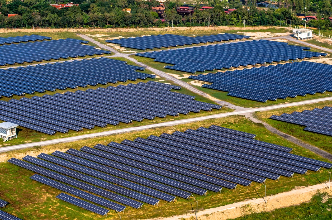 Salor panels in the sun from an aerial view