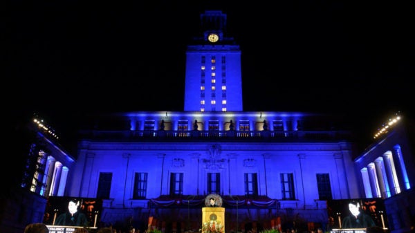 Tower lit blue.