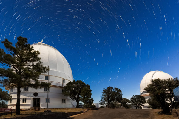 Star trails whirl around Polaris at McDonald Observatory.