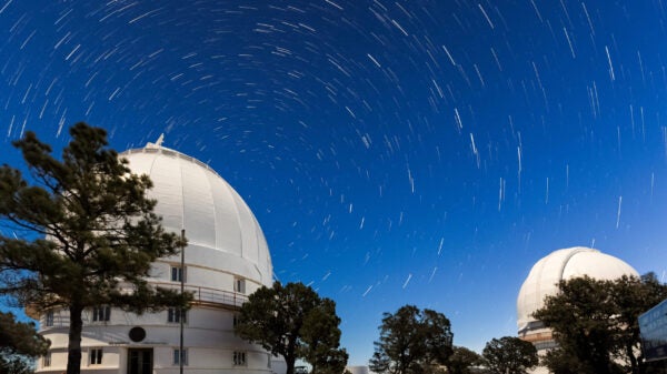 Star trails whirl around Polaris at McDonald Observatory.