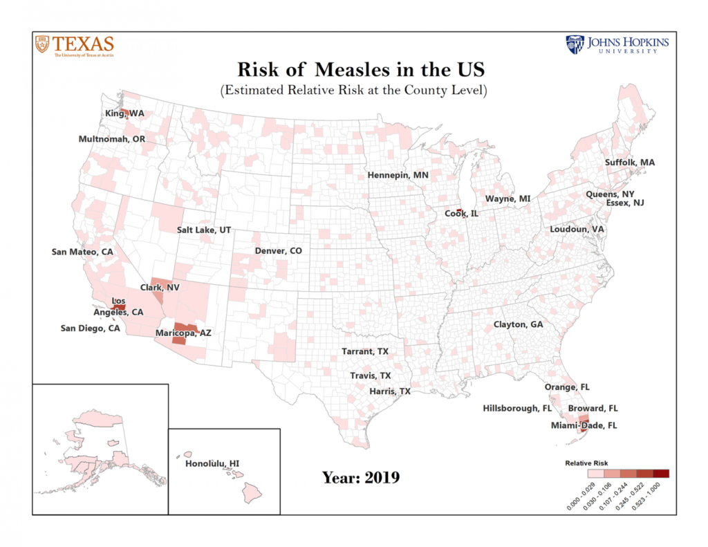 Map of counties at-risk for measles outbreaks.