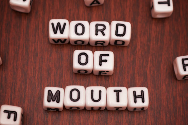Close-up of word of mouth spelled out by beads