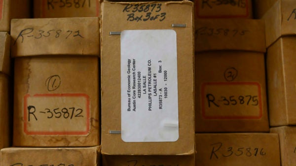 Small brown box that contains the cuttings that were analyzed for the Eagle Ford exploration.