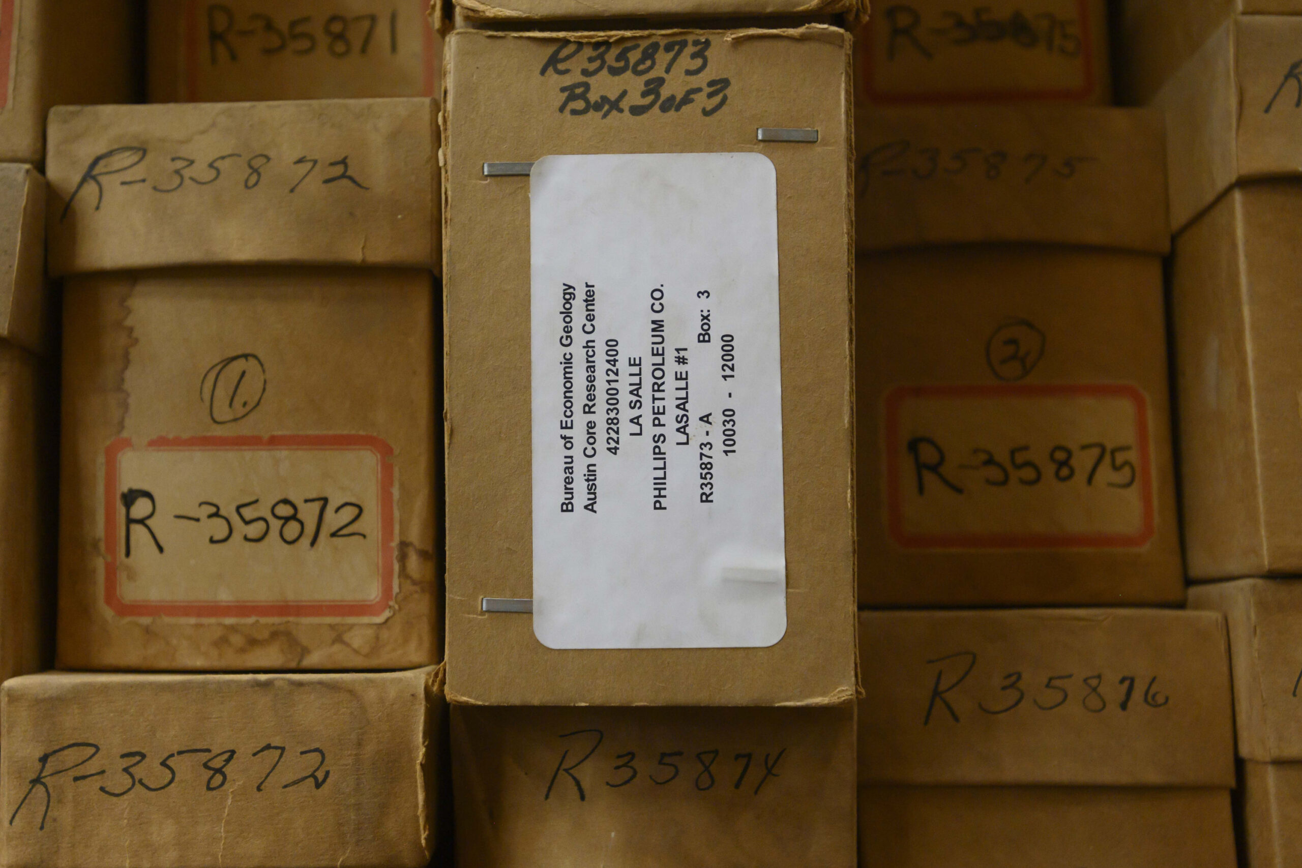 Small brown box that contains the cuttings that were analyzed for the Eagle Ford exploration.
