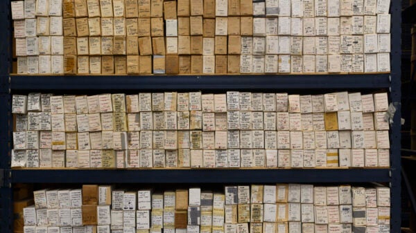 Rows of small brown boxes that contain core samples, all labeled with the location of the well, the date, etc.