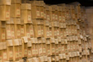 Rows of small, light brown boxes that contain core samples from wells.