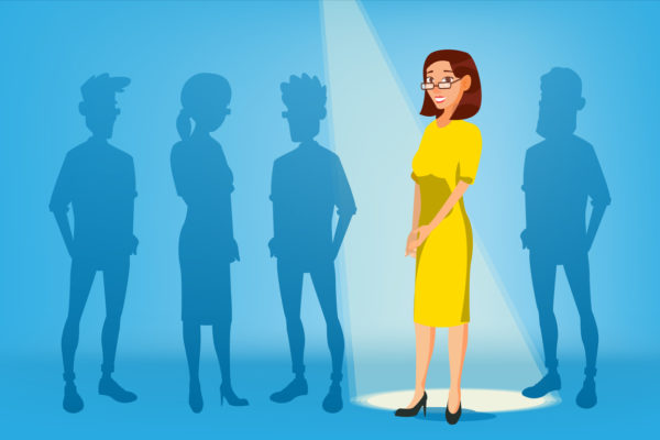 Woman Stand Out From The Crowd Vector. Job And Staff, Human And Recruitment. Business Success. Good Idea, Independence, Leadership. Flat Illustration