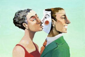 Woman kissing a mask instead of a man who is turned away.
