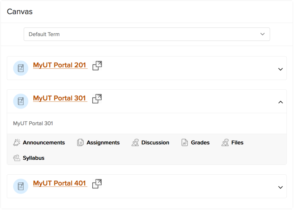 The Canvas view on the MyUT website allows you to see for each of your classes.