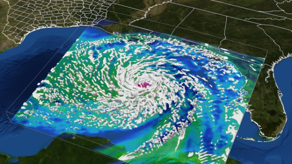 A computer visualization of Hurricane Ike shows the storm developing in the Gulf of Mexico