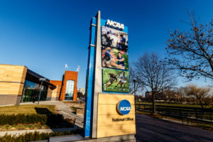 The front of the NCAA headquarters.