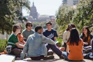 Students on South Mall with the Tower in the background.