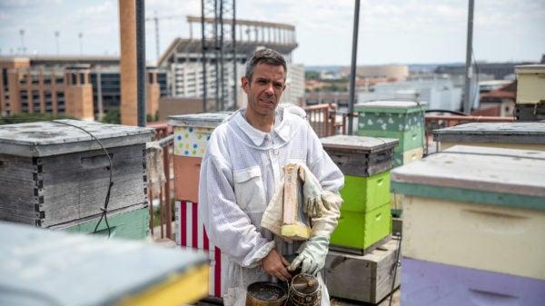 Eli Powell dressed in protective gear for beekeeping