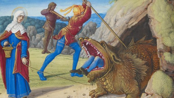 A medical monster eats a man. (The Morgan Library and Museum): “Jean Poyer, Saint Martha Taming the Tarasque  (detail), from Hours of Henry VIII, c.1500, MS H.8, fol.191v, 10 1/16 x 7 1/16 in. The Morgan Library & Museum, Gift of the Heineman Foundation, 1977 Photography by Graham S. Haber, 2017