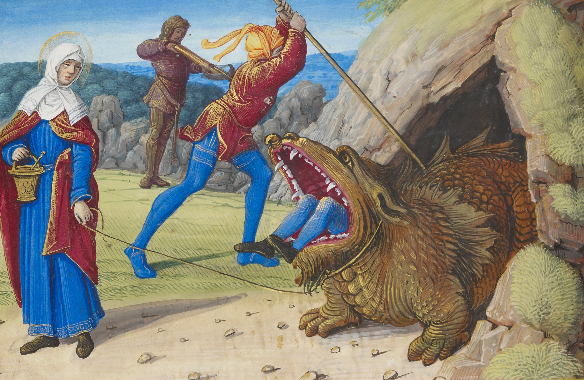 A medical monster eats a man. (The Morgan Library and Museum): “Jean Poyer, Saint Martha Taming the Tarasque  (detail), from Hours of Henry VIII, c.1500, MS H.8, fol.191v, 10 1/16 x 7 1/16 in. The Morgan Library & Museum, Gift of the Heineman Foundation, 1977 Photography by Graham S. Haber, 2017