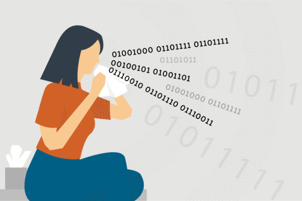 Illustration depicts woman sneezing out binary data. Credit: University Communications
