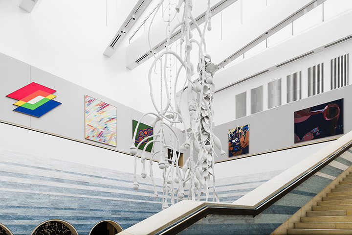 Blanton Atrium, featuring Teresita Fernández’s "Stacked Waters" and Thomas Glassford's hanging sculpture "Siphonophora" (2016), inspired by the giant ocean creatures of the same name.