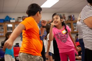 Students at Berkman Elementary School in Round Rock ISD participate in a teacher training as part of a new pilot project launched by UT's Drama for Schools program to teach educators how to integrate theatre techniques into their non-arts classes.