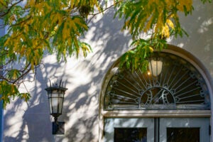 Yellow leaves overhand the arched doorway with turquoise grillwork and a lantern on the biology building.