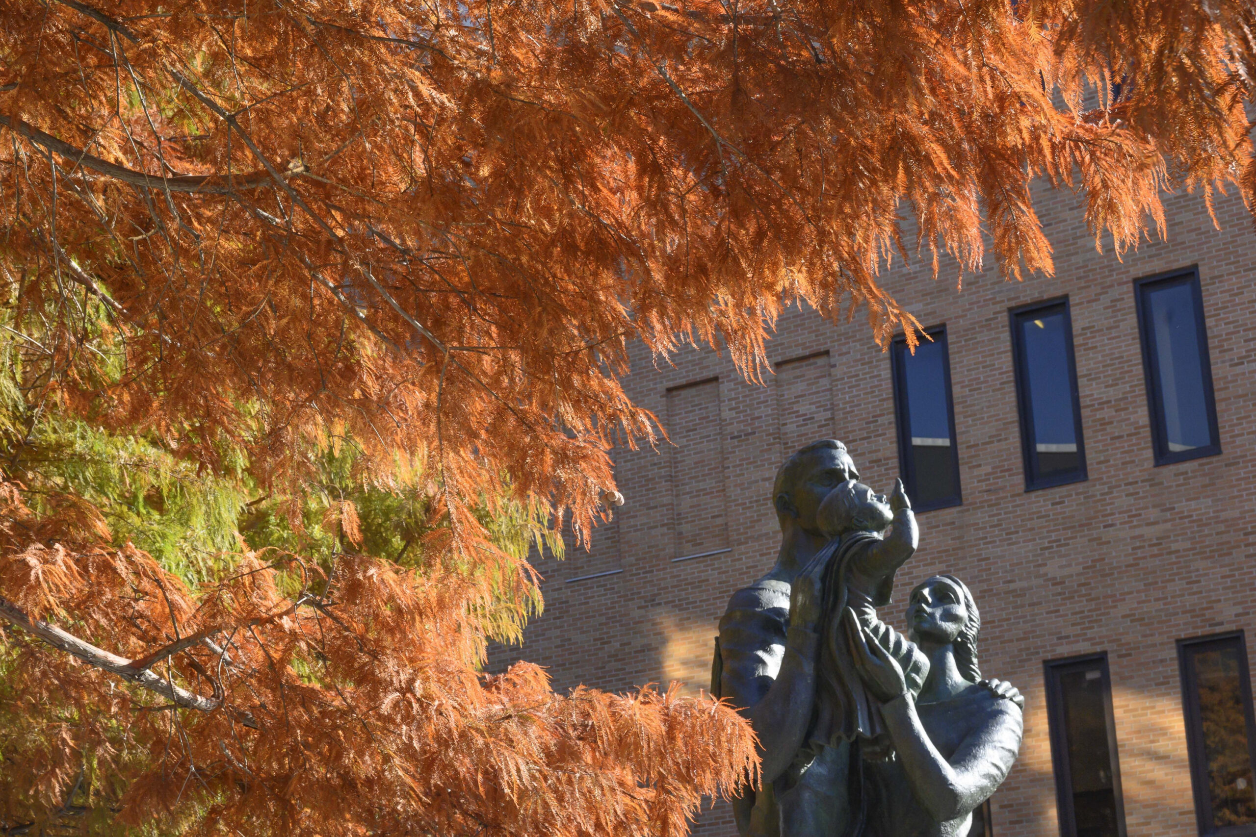 The McCombs School Family statue by Charles Umlauf, framed by rust-colored cypress trees.