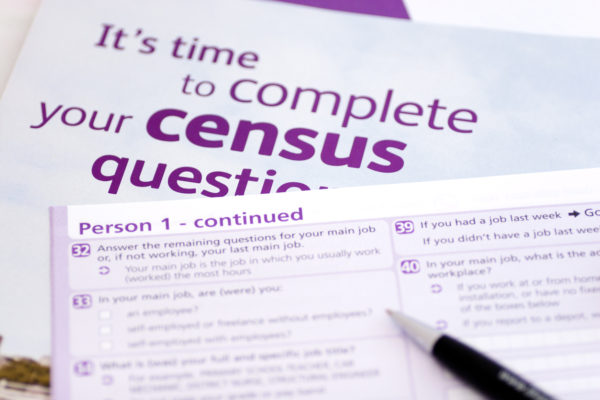 Pen over purple and white census forms