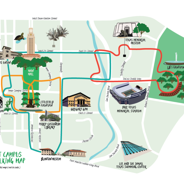 A stylized map of the University of Texas at Austin campus showing possible walking routs.