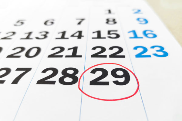 calendar of february in leap year with 29 number in red circle